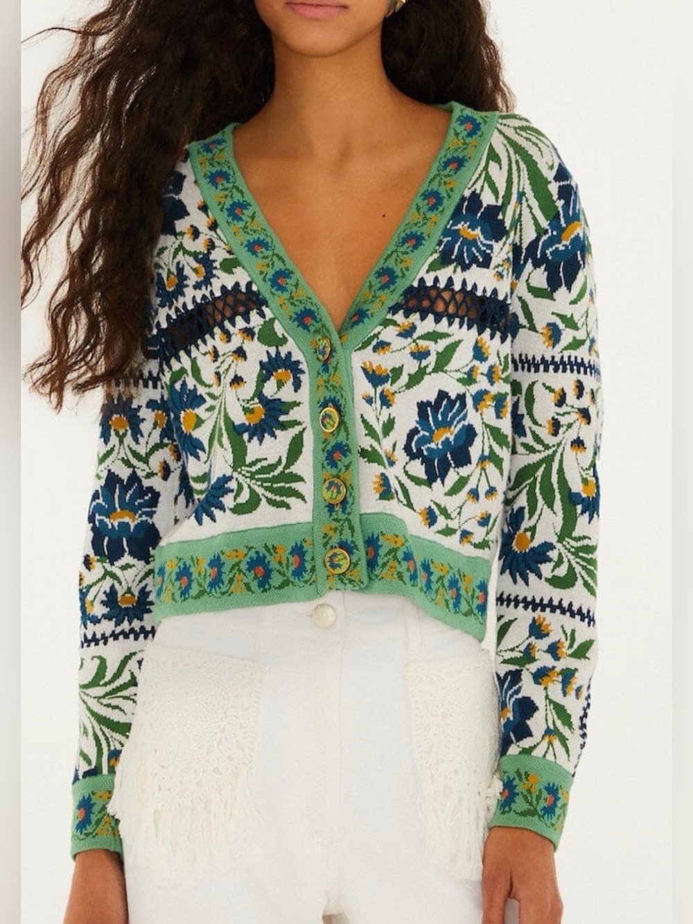 FARM Rio Manoela Buttoned Knit Cardigan, NWT, Green and Blue, large, sold out